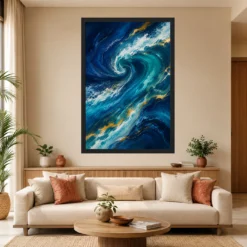 Abstract Ocean Waves Midnight Blue Turquoise Flowing Art Photo Frame mockup 4