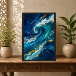 Abstract Ocean Waves Midnight Blue Turquoise Flowing Art Photo Frame mockup 5