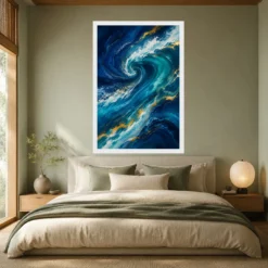 Abstract Ocean Waves Midnight Blue Turquoise Flowing Art Photo Frame mockup 6