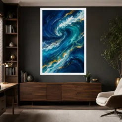 Abstract Ocean Waves Midnight Blue Turquoise Flowing Art Photo Frame mockup 10