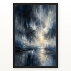 Abstract Monsoon Dark Blues Greys Silver Rain Storm Art Photo Frame mockup 1
