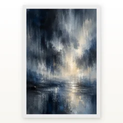 Abstract Monsoon Dark Blues Greys Silver Rain Storm Art Photo Frame mockup 2