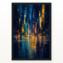 Abstract City Lights Night Impressionist Blue Gold Art Photo Frame mockup 1