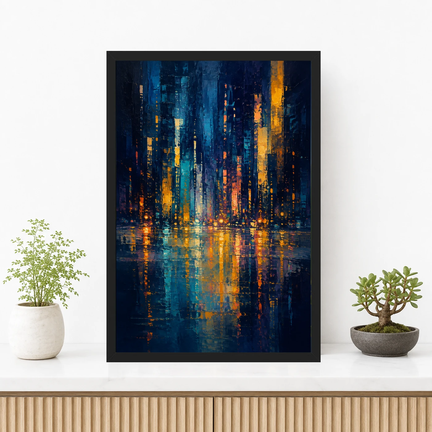 Abstract City Lights Night Impressionist Blue Gold Art Photo Frame 3 Abstract City Lights Night Impressionist Blue Gold Art Photo Frame mockup 3
