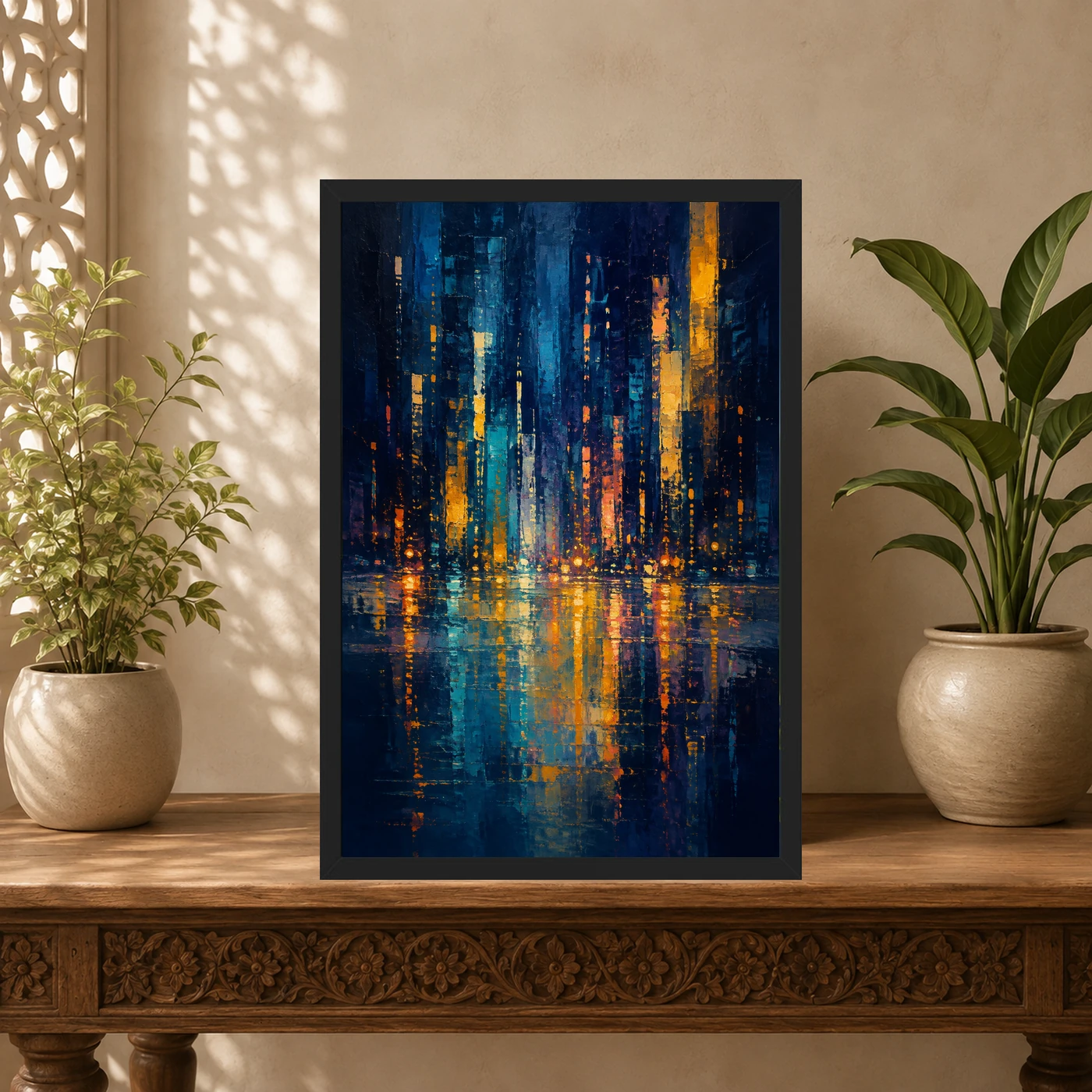 Abstract City Lights Night Impressionist Blue Gold Art Photo Frame 5 Abstract City Lights Night Impressionist Blue Gold Art Photo Frame mockup 5