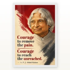 APJ Abdul Kalam Courage to Reach the Unreached Frame showing a compassionate crimson-and-ivory poster about removing pain and reaching the unreached – White Frame Main View