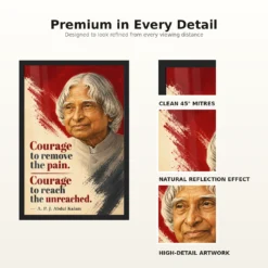 APJ Abdul Kalam Courage to Reach the Unreached Frame 18 APJ Abdul Kalam Courage to Reach the Unreached Frame showing a compassionate crimson-and-ivory poster about removing pain and reaching the unreached – Frame and Print Detail View