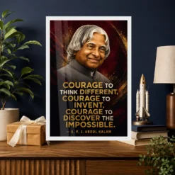 APJ Abdul Kalam Courage to Think Different Quote Frame 19 APJ Abdul Kalam Courage to Think Different Quote Frame showing a cinematic burgundy-and-gold portrait poster about thinking differently and discovering the impossible – Professional Achievement Gift View