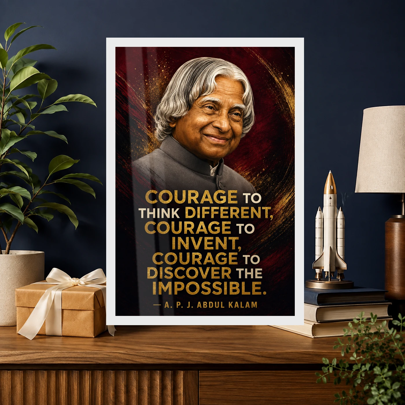 APJ Abdul Kalam Courage to Think Different Quote Frame 10 APJ Abdul Kalam Courage to Think Different Quote Frame showing a cinematic burgundy-and-gold portrait poster about thinking differently and discovering the impossible – Professional Achievement Gift View