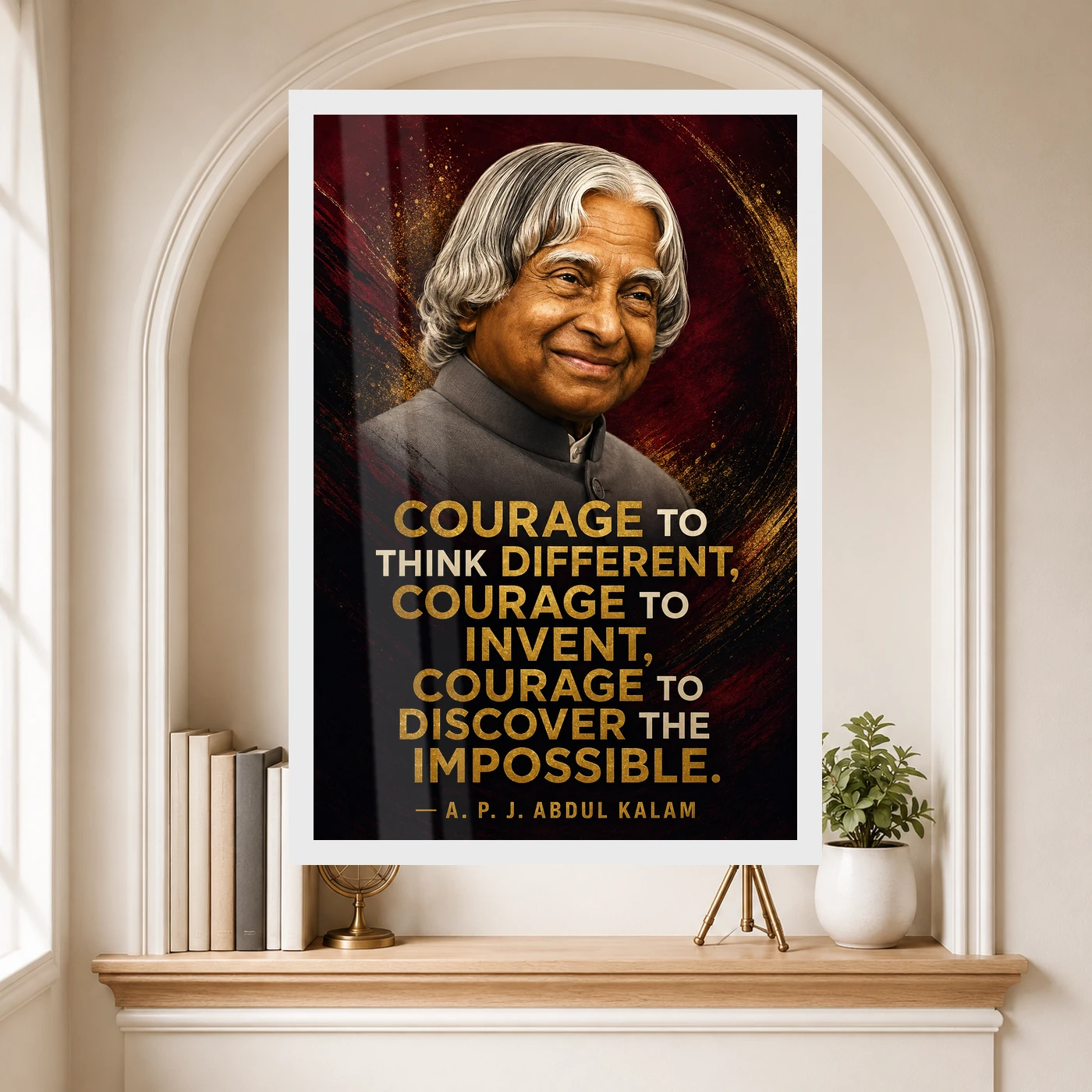 APJ Abdul Kalam Courage to Think Different Quote Frame 6 APJ Abdul Kalam Courage to Think Different Quote Frame showing a cinematic burgundy-and-gold portrait poster about thinking differently and discovering the impossible – Educational Reading Niche View