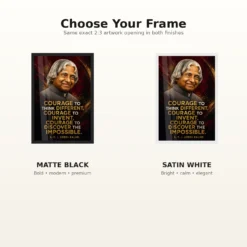 APJ Abdul Kalam Courage to Think Different Quote Frame 16 APJ Abdul Kalam Courage to Think Different Quote Frame showing a cinematic burgundy-and-gold portrait poster about thinking differently and discovering the impossible – Black and White Frame Options