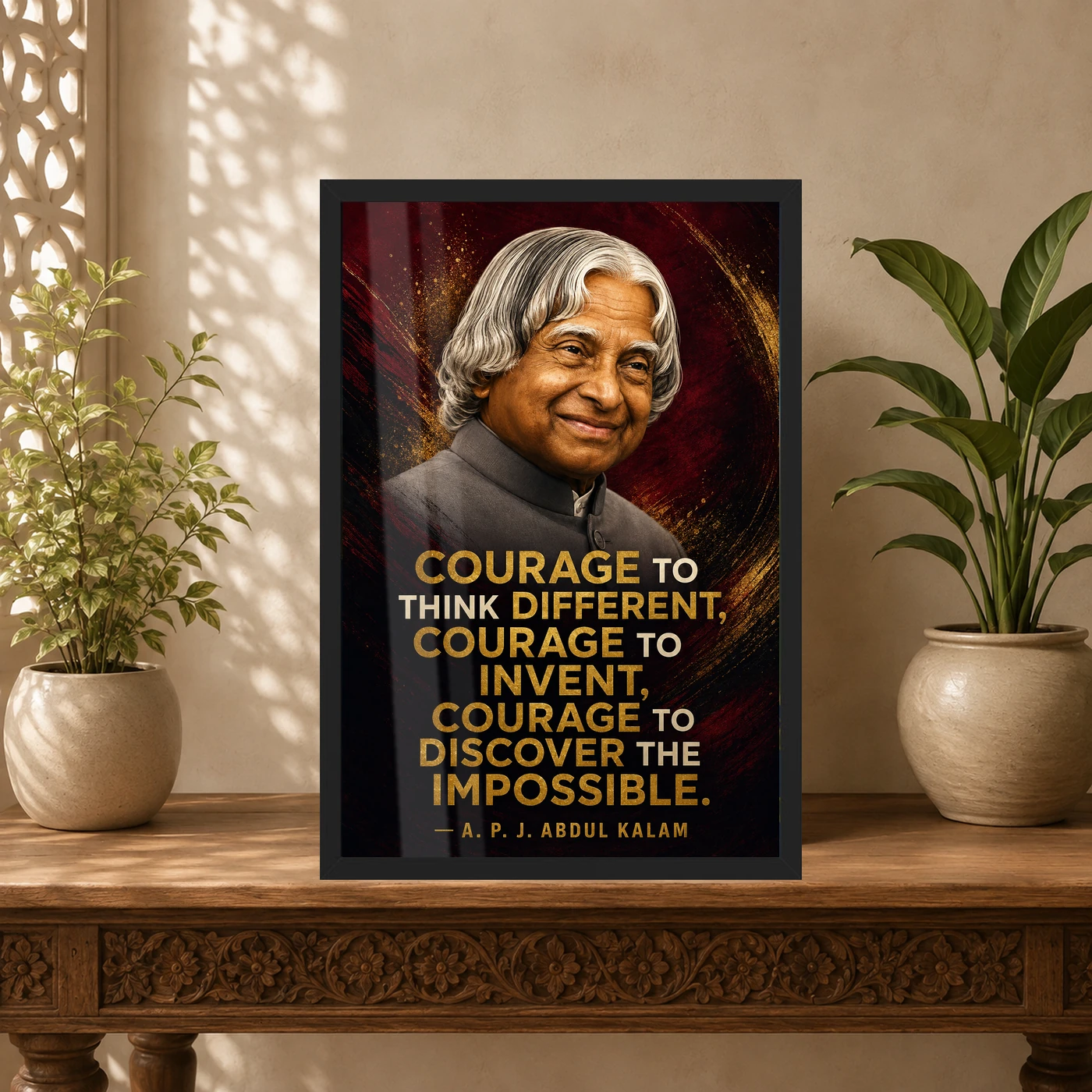 APJ Abdul Kalam Courage to Think Different Quote Frame 5 APJ Abdul Kalam Courage to Think Different Quote Frame showing a cinematic burgundy-and-gold portrait poster about thinking differently and discovering the impossible – Indian Carved Console View