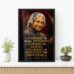 APJ Abdul Kalam Courage to Think Different Quote Frame 12 APJ Abdul Kalam Courage to Think Different Quote Frame showing a cinematic burgundy-and-gold portrait poster about thinking differently and discovering the impossible – Premium Console Lifestyle View