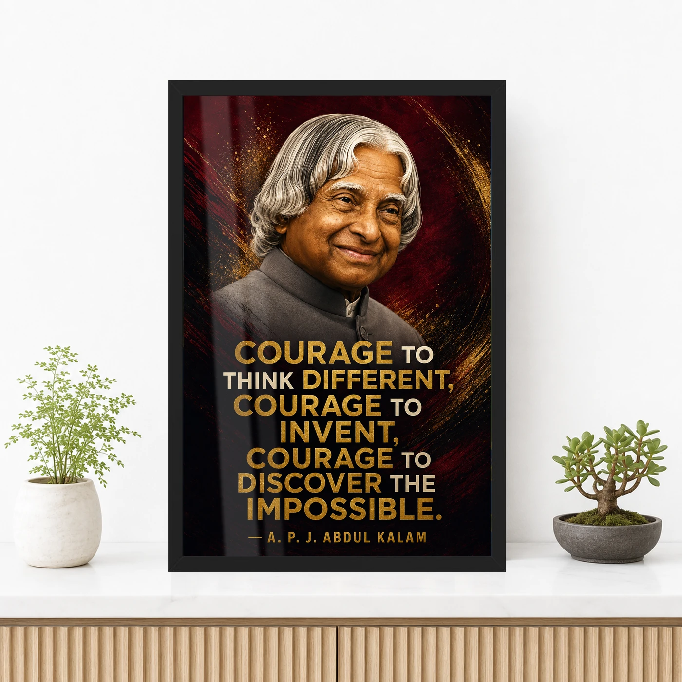 APJ Abdul Kalam Courage to Think Different Quote Frame 3 APJ Abdul Kalam Courage to Think Different Quote Frame showing a cinematic burgundy-and-gold portrait poster about thinking differently and discovering the impossible – Premium Console Lifestyle View