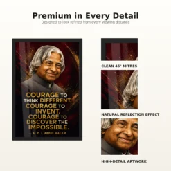 APJ Abdul Kalam Courage to Think Different Quote Frame 18 APJ Abdul Kalam Courage to Think Different Quote Frame showing a cinematic burgundy-and-gold portrait poster about thinking differently and discovering the impossible – Frame and Print Detail View