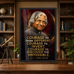 APJ Abdul Kalam Courage to Think Different Quote Frame 13 APJ Abdul Kalam Courage to Think Different Quote Frame showing a cinematic burgundy-and-gold portrait poster about thinking differently and discovering the impossible – Science Study Lifestyle View