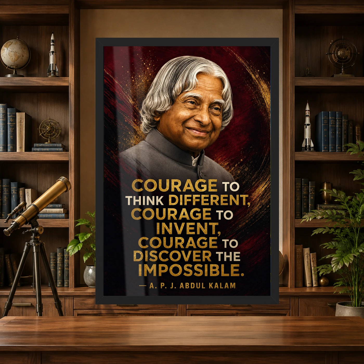APJ Abdul Kalam Courage to Think Different Quote Frame 4 APJ Abdul Kalam Courage to Think Different Quote Frame showing a cinematic burgundy-and-gold portrait poster about thinking differently and discovering the impossible – Science Study Lifestyle View