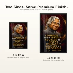 APJ Abdul Kalam Courage to Think Different Quote Frame 17 APJ Abdul Kalam Courage to Think Different Quote Frame showing a cinematic burgundy-and-gold portrait poster about thinking differently and discovering the impossible – 8×12 and 12×18 Inch Size Guide