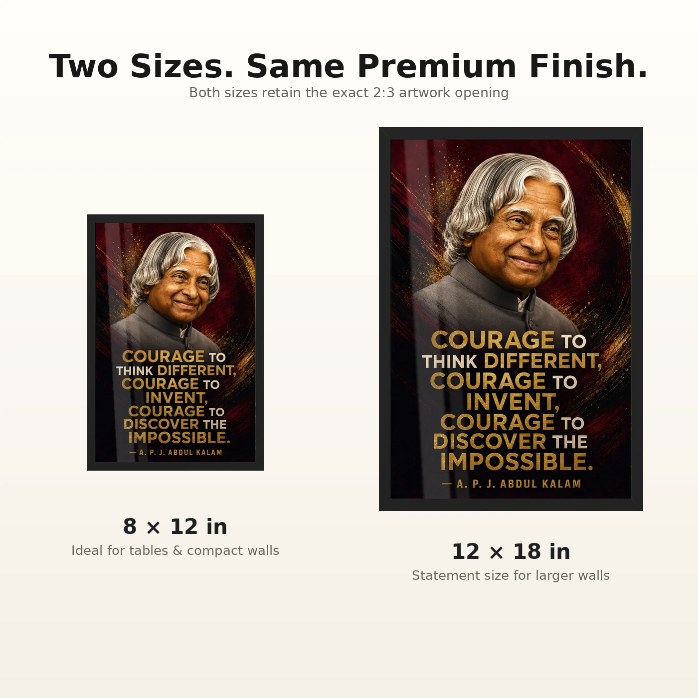 APJ Abdul Kalam Courage to Think Different Quote Frame 8 APJ Abdul Kalam Courage to Think Different Quote Frame showing a cinematic burgundy-and-gold portrait poster about thinking differently and discovering the impossible – 8×12 and 12×18 Inch Size Guide