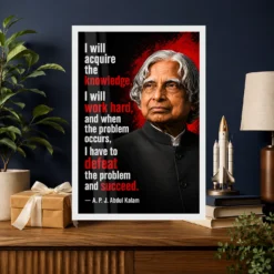 APJ Abdul Kalam Defeat the Problem Succeed Quote Frame showing a high-contrast black-and-red manifesto poster about knowledge, hard work and defeating problems – Professional Achievement Gift View
