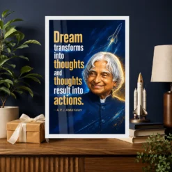 APJ Abdul Kalam Dream Thoughts Actions Quote Photo Frame showing a navy-and-gold rocket poster with the quote Dream transforms into thoughts and thoughts result into actions – Professional Achievement Gift View