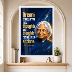 APJ Abdul Kalam Dream Thoughts Actions Quote Photo Frame showing a navy-and-gold rocket poster with the quote Dream transforms into thoughts and thoughts result into actions – Educational Reading Niche View