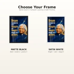 APJ Abdul Kalam Dream Thoughts Actions Quote Photo Frame showing a navy-and-gold rocket poster with the quote Dream transforms into thoughts and thoughts result into actions – Black and White Frame Options
