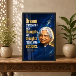 APJ Abdul Kalam Dream Thoughts Actions Quote Photo Frame showing a navy-and-gold rocket poster with the quote Dream transforms into thoughts and thoughts result into actions – Indian Carved Console View