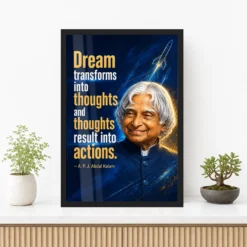 APJ Abdul Kalam Dream Thoughts Actions Quote Photo Frame showing a navy-and-gold rocket poster with the quote Dream transforms into thoughts and thoughts result into actions – Premium Console Lifestyle View