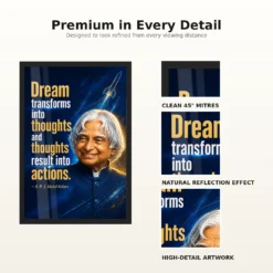 APJ Abdul Kalam Dream Thoughts Actions Quote Photo Frame showing a navy-and-gold rocket poster with the quote Dream transforms into thoughts and thoughts result into actions – Frame and Print Detail View