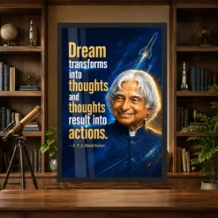 APJ Abdul Kalam Dream Thoughts Actions Quote Photo Frame showing a navy-and-gold rocket poster with the quote Dream transforms into thoughts and thoughts result into actions – Science Study Lifestyle View