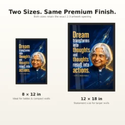 APJ Abdul Kalam Dream Thoughts Actions Quote Photo Frame showing a navy-and-gold rocket poster with the quote Dream transforms into thoughts and thoughts result into actions – 8×12 and 12×18 Inch Size Guide