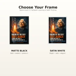 APJ Abdul Kalam Failure into Success SLV Quote Frame showing a cinematic rocket-launch poster about learning from the first SLV failure and converting failure into success – Black and White Frame Options