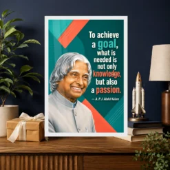 APJ Abdul Kalam Knowledge and Passion Quote Photo Frame showing a teal-and-coral geometric poster about combining knowledge with passion to achieve a goal – Professional Achievement Gift View