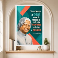 APJ Abdul Kalam Knowledge and Passion Quote Photo Frame showing a teal-and-coral geometric poster about combining knowledge with passion to achieve a goal – Educational Reading Niche View