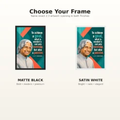 APJ Abdul Kalam Knowledge and Passion Quote Photo Frame showing a teal-and-coral geometric poster about combining knowledge with passion to achieve a goal – Black and White Frame Options