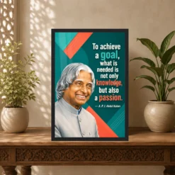 APJ Abdul Kalam Knowledge and Passion Quote Photo Frame showing a teal-and-coral geometric poster about combining knowledge with passion to achieve a goal – Indian Carved Console View