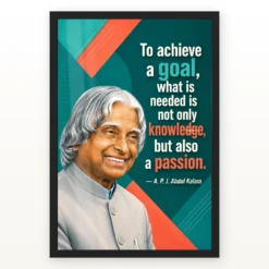 APJ Abdul Kalam Knowledge and Passion Quote Photo Frame showing a teal-and-coral geometric poster about combining knowledge with passion to achieve a goal – Black Frame Main View