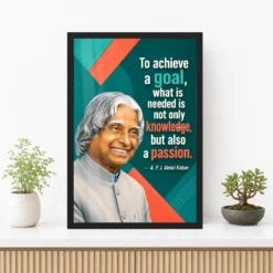 APJ Abdul Kalam Knowledge and Passion Quote Photo Frame showing a teal-and-coral geometric poster about combining knowledge with passion to achieve a goal – Premium Console Lifestyle View