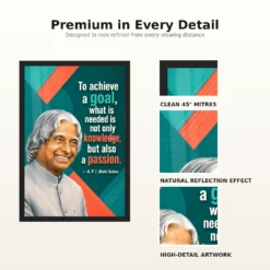 APJ Abdul Kalam Knowledge and Passion Quote Photo Frame showing a teal-and-coral geometric poster about combining knowledge with passion to achieve a goal – Frame and Print Detail View