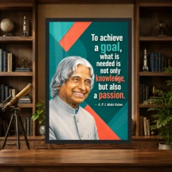 APJ Abdul Kalam Knowledge and Passion Quote Photo Frame showing a teal-and-coral geometric poster about combining knowledge with passion to achieve a goal – Science Study Lifestyle View