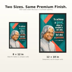 APJ Abdul Kalam Knowledge and Passion Quote Photo Frame showing a teal-and-coral geometric poster about combining knowledge with passion to achieve a goal – 8×12 and 12×18 Inch Size Guide