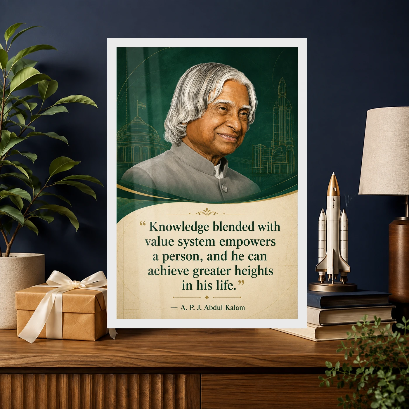 APJ Abdul Kalam Knowledge and Values Quote Photo Frame 10 APJ Abdul Kalam Knowledge and Values Quote Photo Frame showing an emerald academic portrait poster about knowledge, values and achieving greater heights – Professional Achievement Gift View