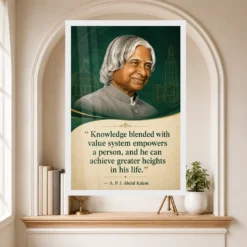 APJ Abdul Kalam Knowledge and Values Quote Photo Frame 15 APJ Abdul Kalam Knowledge and Values Quote Photo Frame showing an emerald academic portrait poster about knowledge, values and achieving greater heights – Educational Reading Niche View