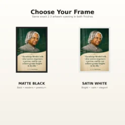 APJ Abdul Kalam Knowledge and Values Quote Photo Frame 16 APJ Abdul Kalam Knowledge and Values Quote Photo Frame showing an emerald academic portrait poster about knowledge, values and achieving greater heights – Black and White Frame Options