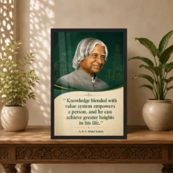 APJ Abdul Kalam Knowledge and Values Quote Photo Frame 14 APJ Abdul Kalam Knowledge and Values Quote Photo Frame showing an emerald academic portrait poster about knowledge, values and achieving greater heights – Indian Carved Console View
