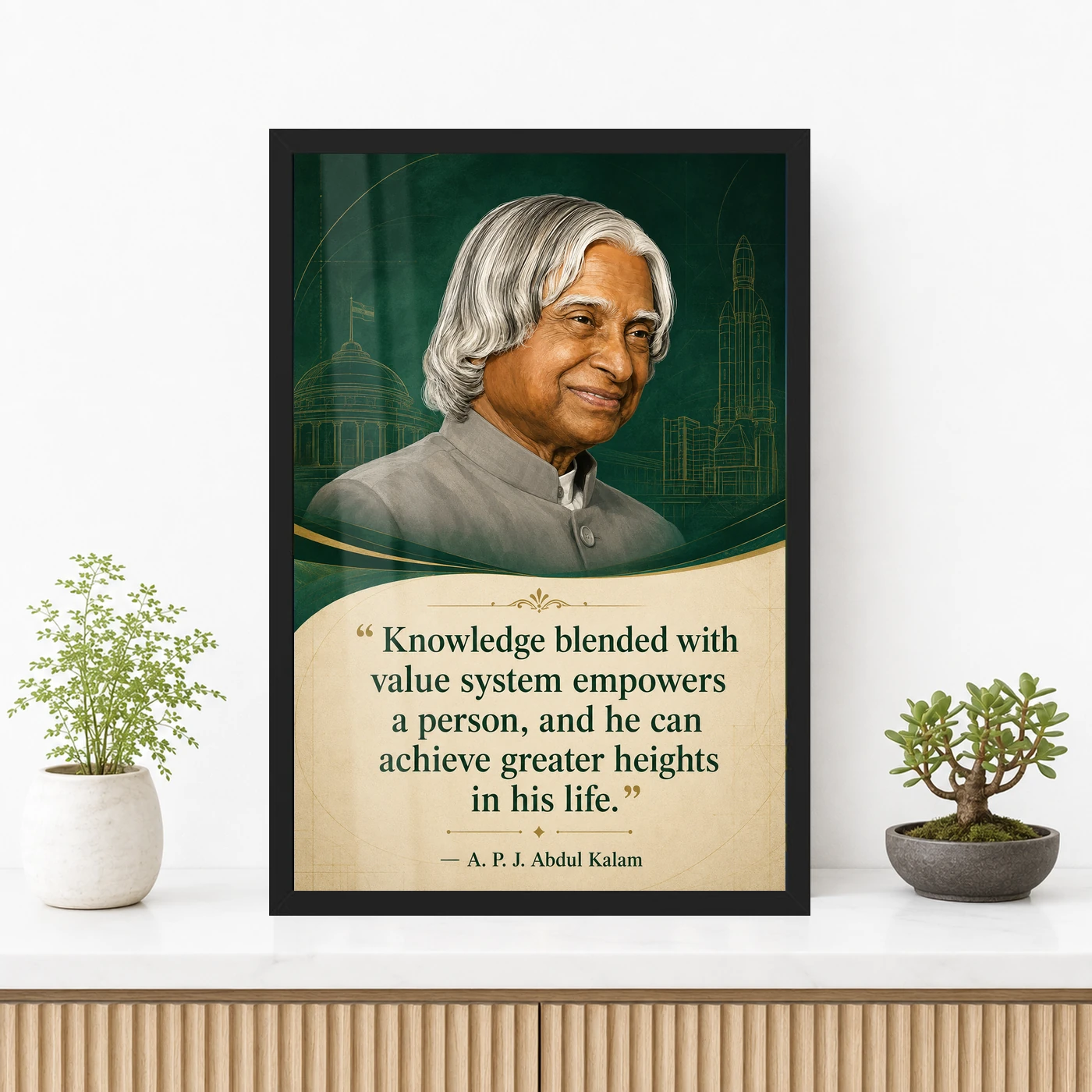 APJ Abdul Kalam Knowledge and Values Quote Photo Frame 3 APJ Abdul Kalam Knowledge and Values Quote Photo Frame showing an emerald academic portrait poster about knowledge, values and achieving greater heights – Premium Console Lifestyle View