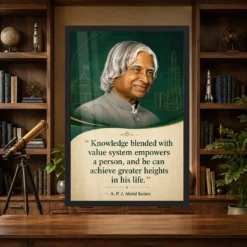 APJ Abdul Kalam Knowledge and Values Quote Photo Frame 13 APJ Abdul Kalam Knowledge and Values Quote Photo Frame showing an emerald academic portrait poster about knowledge, values and achieving greater heights – Science Study Lifestyle View
