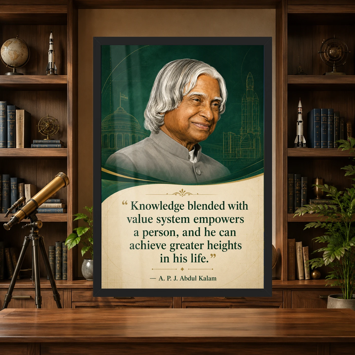 APJ Abdul Kalam Knowledge and Values Quote Photo Frame 4 APJ Abdul Kalam Knowledge and Values Quote Photo Frame showing an emerald academic portrait poster about knowledge, values and achieving greater heights – Science Study Lifestyle View