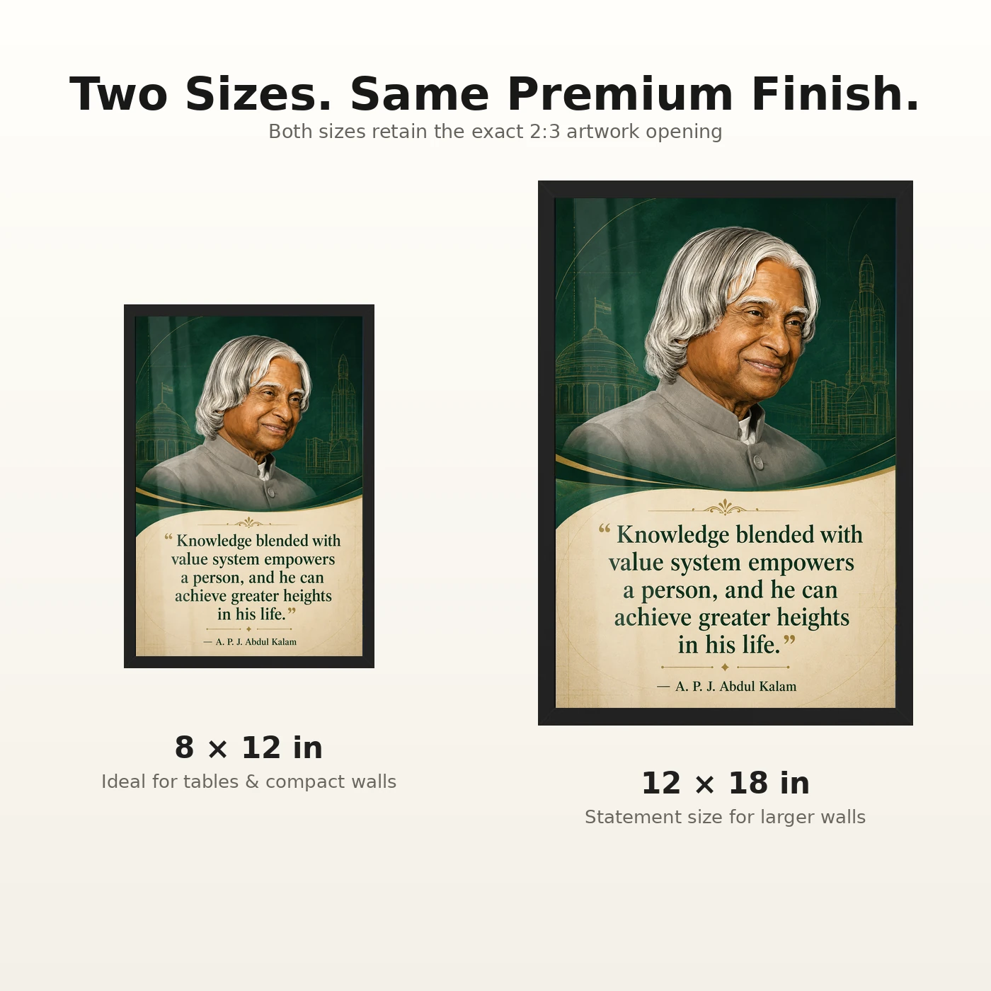 APJ Abdul Kalam Knowledge and Values Quote Photo Frame 8 APJ Abdul Kalam Knowledge and Values Quote Photo Frame showing an emerald academic portrait poster about knowledge, values and achieving greater heights – 8×12 and 12×18 Inch Size Guide